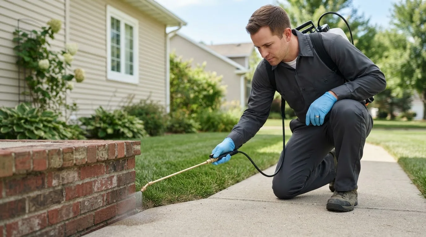Pest control technician treating a home near Saunemin, IL